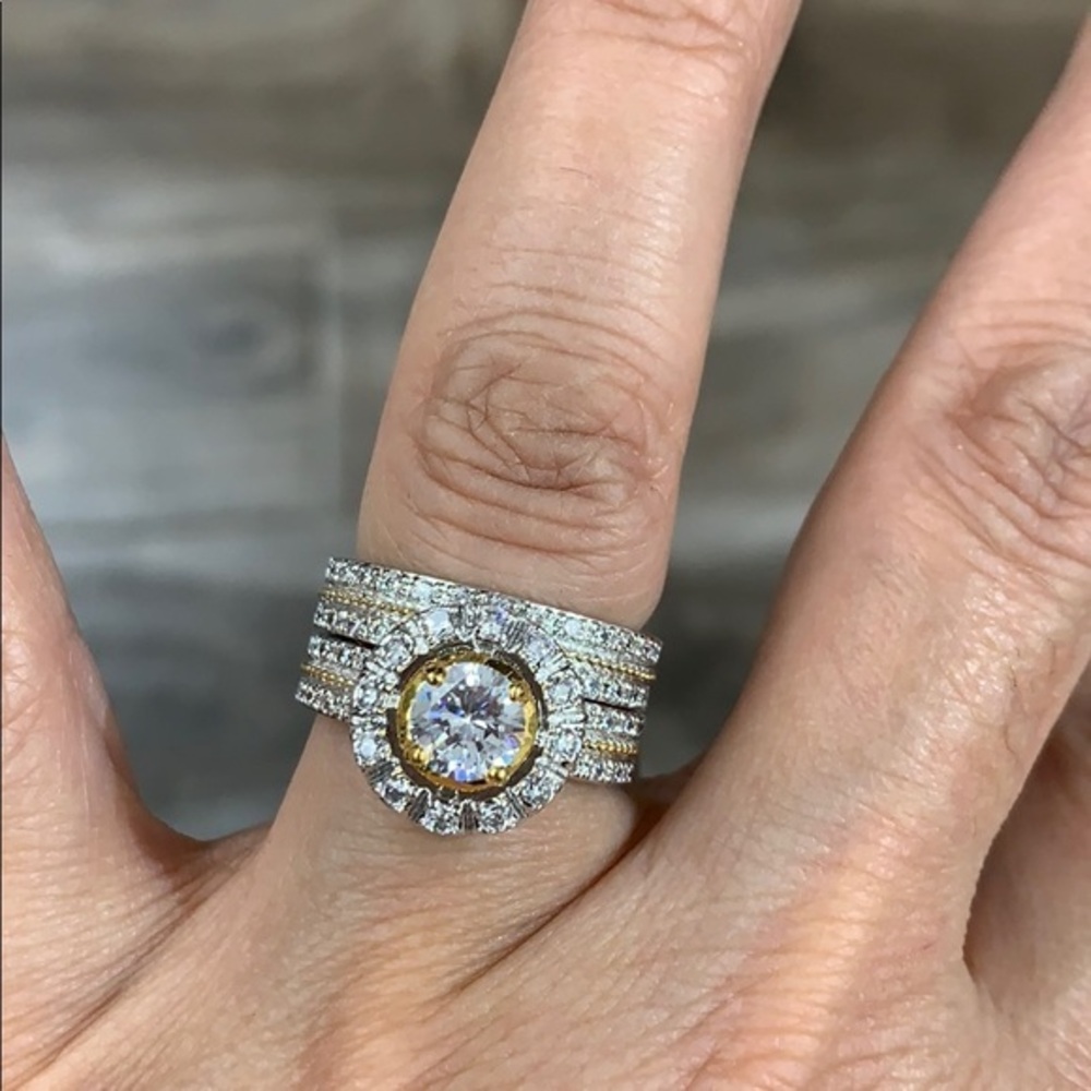 2 tone Engagement Ring Wedding Band 2pc set